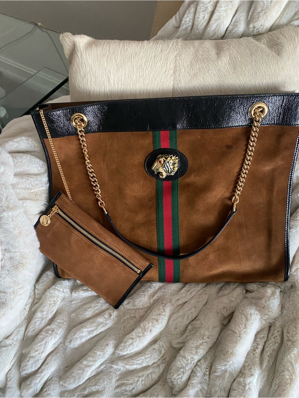 Brown Suede Tote with Gold Chain Handles and Green-Red Stripe